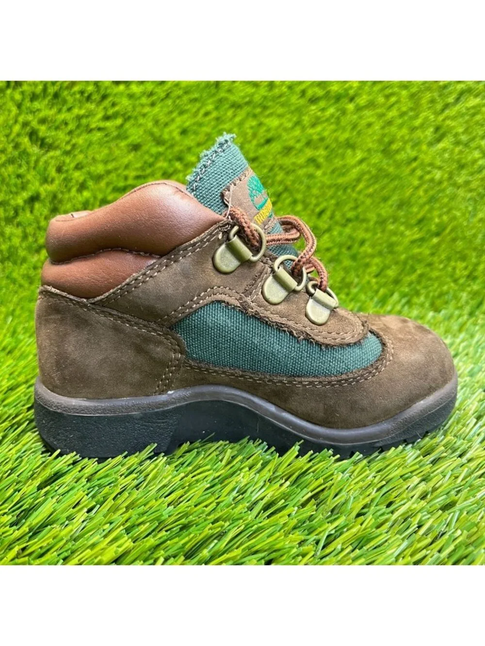 Timberland Field Boys Size 8C Brown Green Outdoor Waterproof Lace Up Ankle Boots